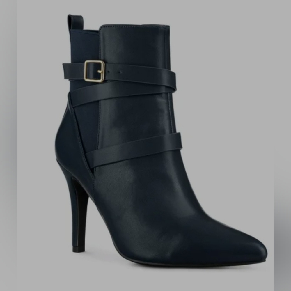Perphy | Navy Blue Pointed Toe Stiletto Heel Ankle Boots | Elastic Cross Strap